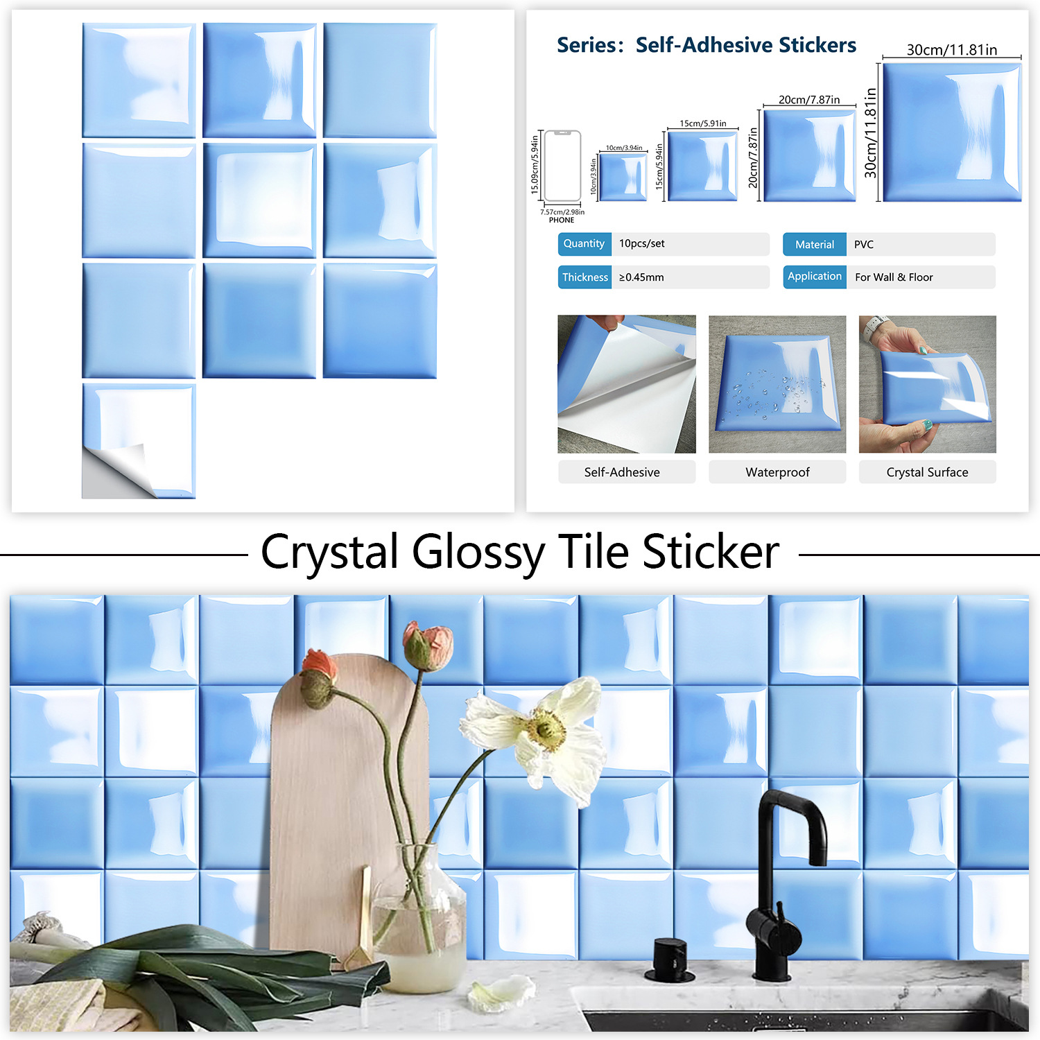Modern Accessible Luxury Style Crystal Blue Splicing Mosaic Tile Stickers Living Room Lobby Bathroom Background Wall Decoration Stickers