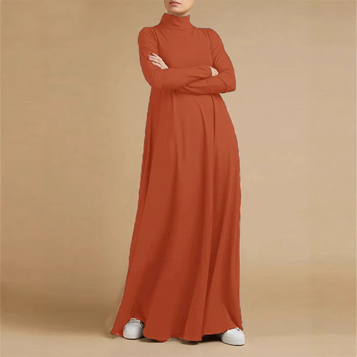 Factory Autumn Street Fashion Muslim Elegant Long Dress with Long Sleeves and High Collar