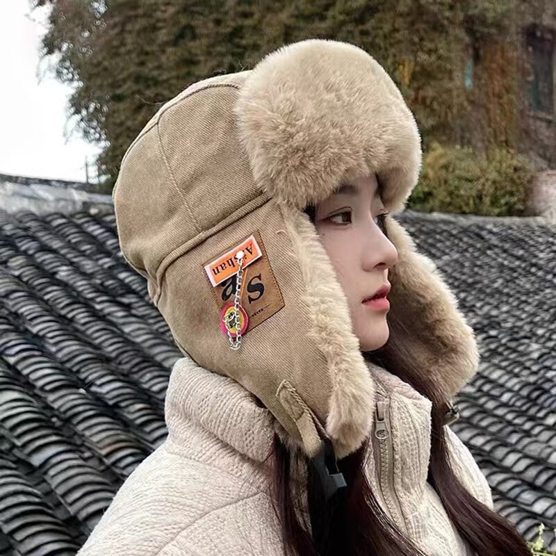 Winter Thickened Lei Feng Cap Men's and Women's Moisture Windproof Warm Ear Protection Riding Cap Plush Padded Cloth Chain Cotton Flying Cap Tide
