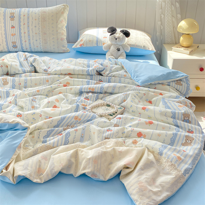 Colcha fresca de verano de algodón de nube de una sola pieza, dormitorio de estudiantes individual de verano, juego de cuatro piezas, edredón de verano de seda de hielo, lavable a máquina
