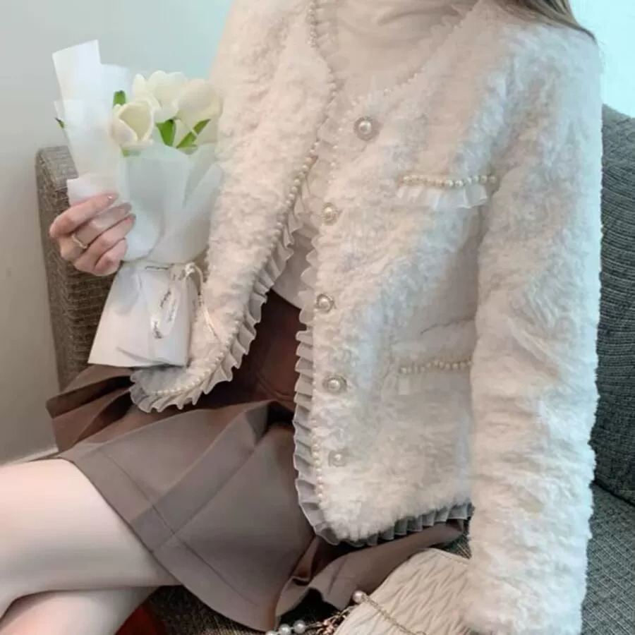 Короткий жакет с кружевом женский, в стиле Chanel, корейский, утеплённый, молочно‑белый