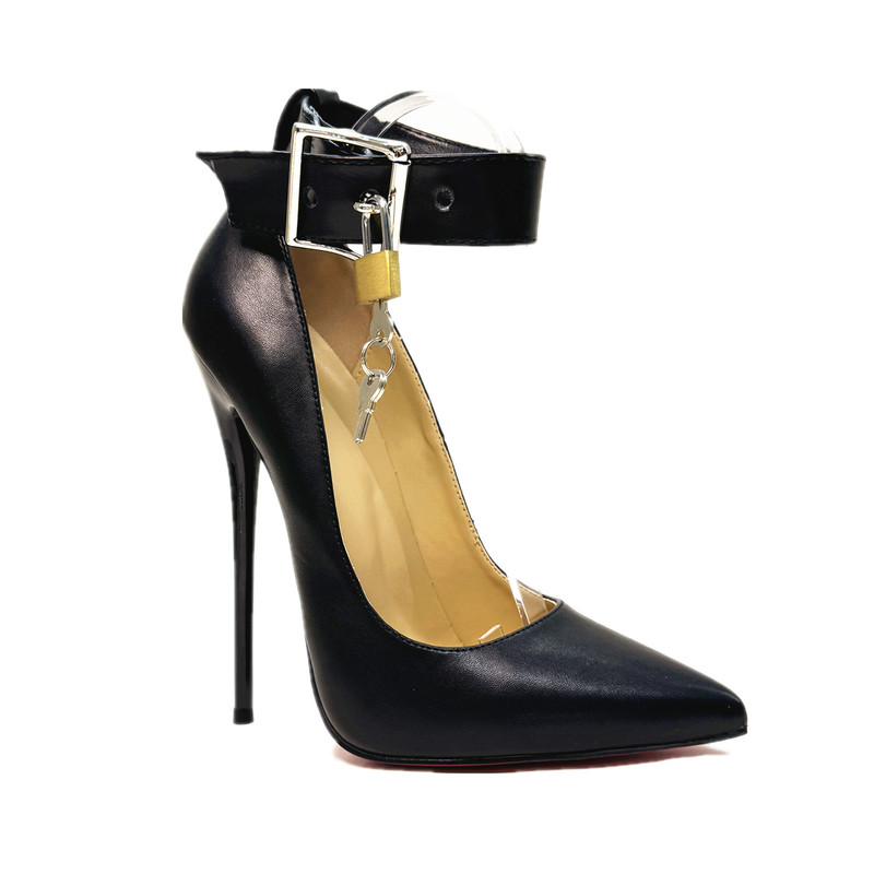 14/16cm Thin High Heels, Matte Leather Pointed Toe Pumps, Large Square Buckle with Lock, Sexy Shoes, Cross-Border Foreign Trade Men's and Women's Shoes