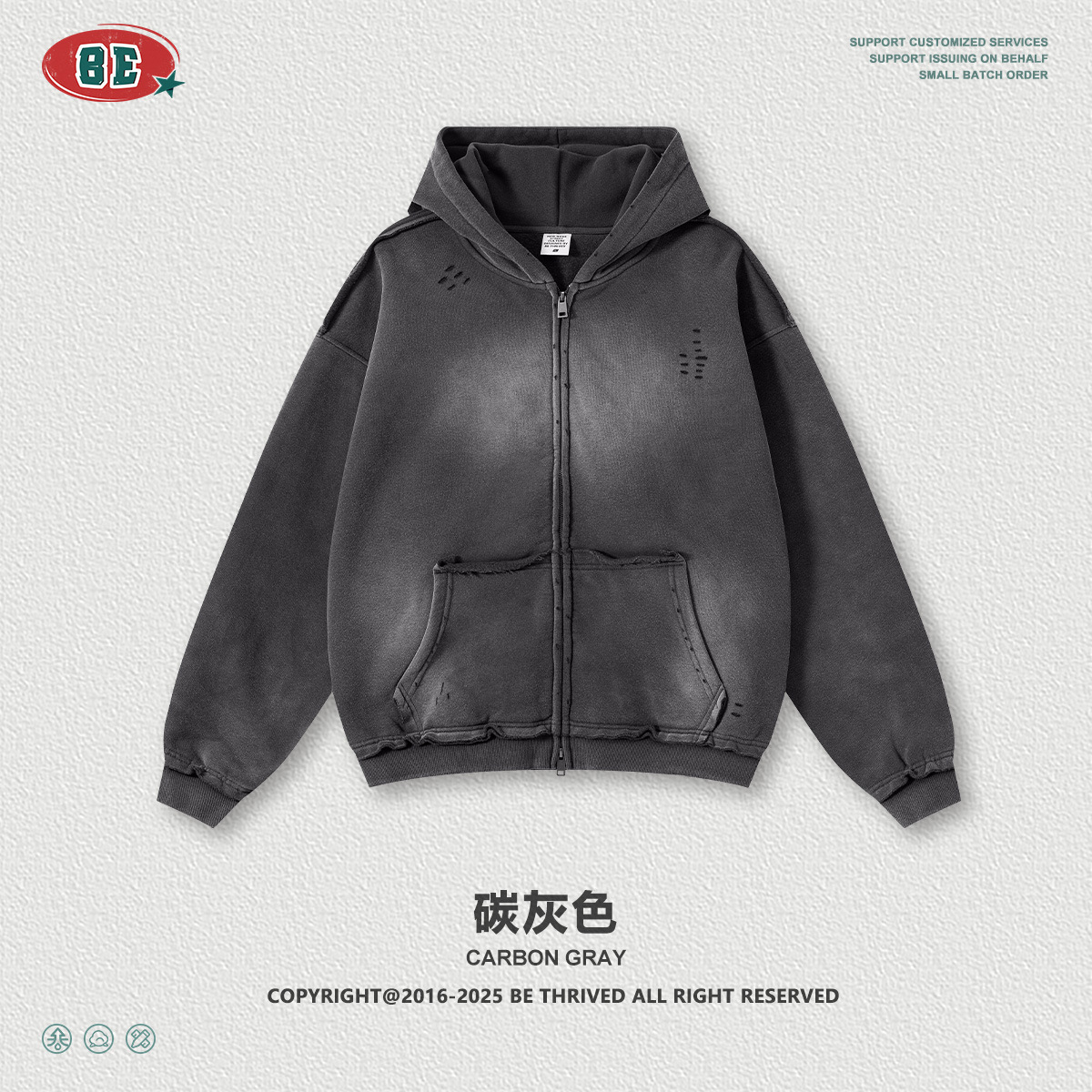 BE ropa de hombre | 2025 otoño marca de moda estadounidense suéter con capucha de calle alta chaqueta de punto con cremallera de borde suelto de mono en aerosol hombre