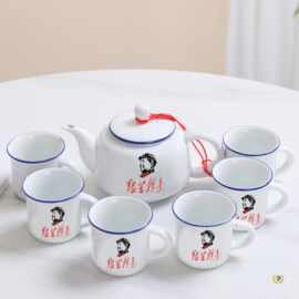 ✅仿搪瓷杯陶瓷茶具怀旧功夫茶壶一壶四杯开业随手礼品杯子怀旧风