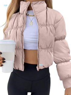 Cropped Zip up Puffer Coat Casual Long Sleeve Lightweight