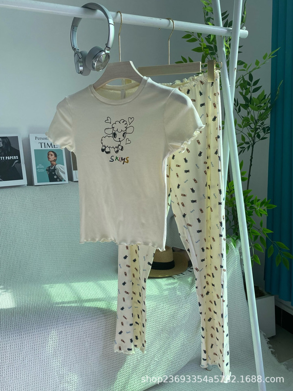 Skims Kardashian Easter Limited Edition Lambskin Print Graffiti Lace Short-Sleeved T-Shirt + Casual Pants Set