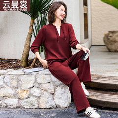 时尚休闲运动套装女妈妈装秋季新款长袖卫衣直筒裤子中老年两件套