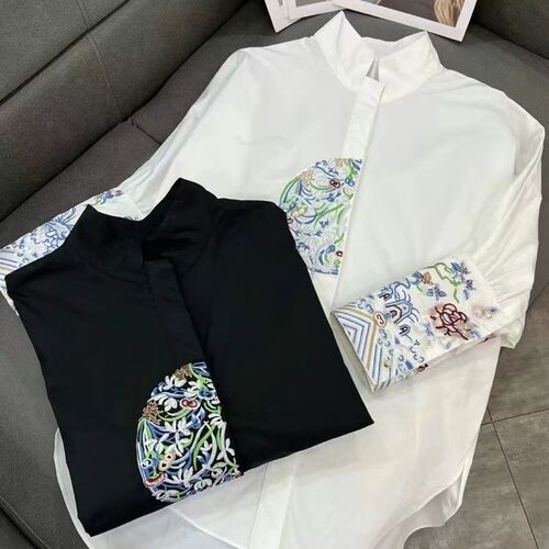 China style retro shirt and top for women 2025 autumn new style Chinese stand-up collar loose slimming medium and long shirt trend