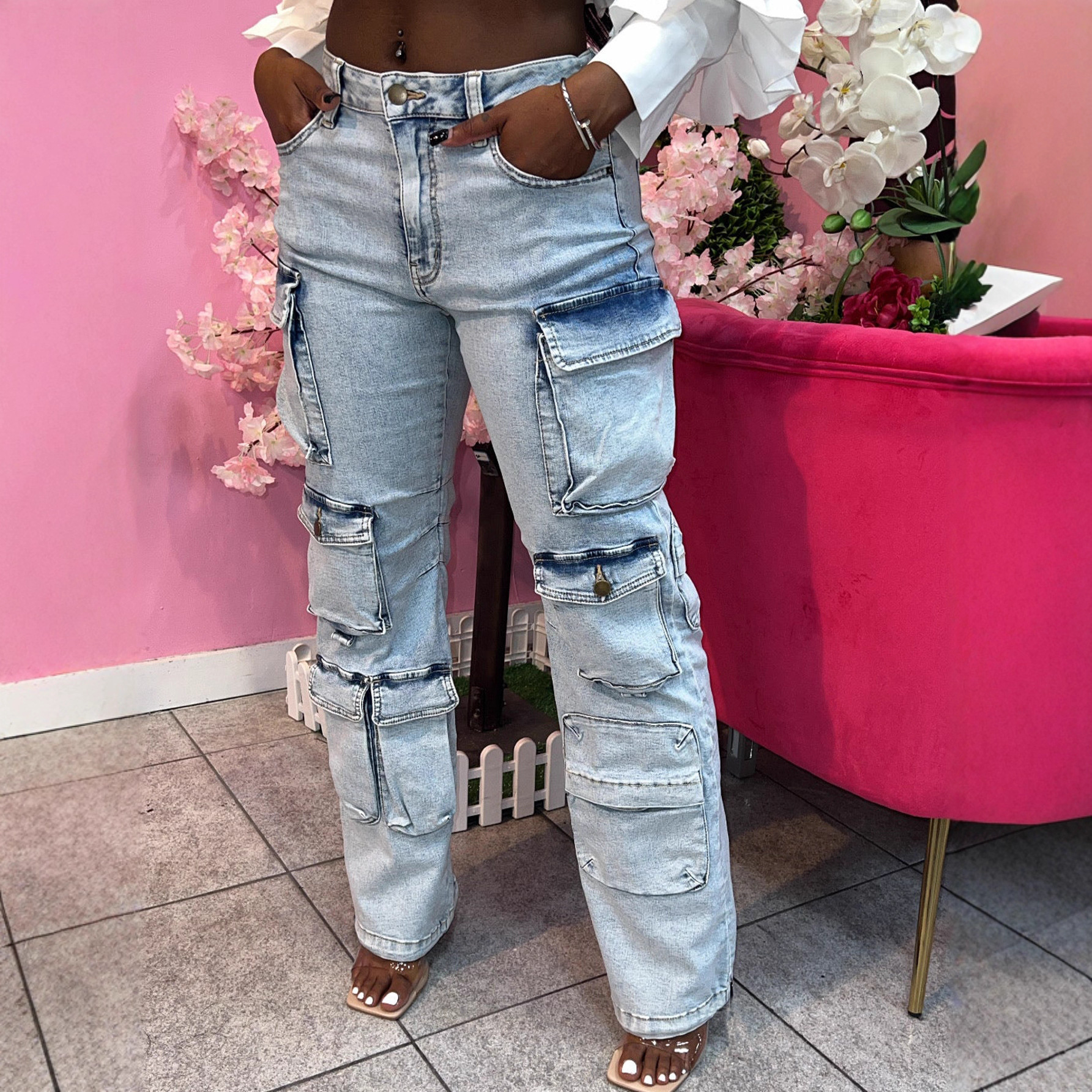 Women’s High-Waisted Distressed Cargo Jeans – Stretch Denim Pants With Utility Pockets (S-XL, Light Blue)_mkmklike.com