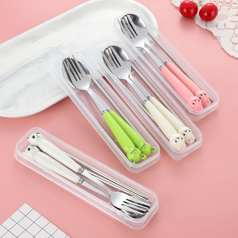 Cartoon cute stainless steel spoon Fork chopsticks three-piece tableware student office worker convenient tableware storage box