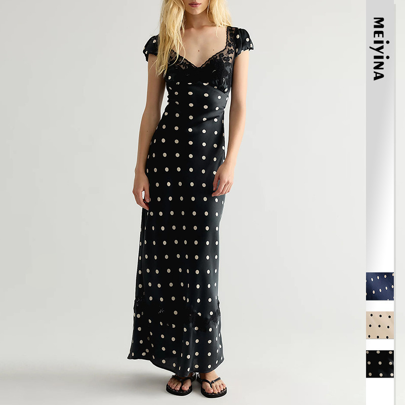 2026 European and American Cross-Border Women's Fashion New French Satin Printed Embroidered Polka Dot Sexy Long Dress 2026 European and American Cross-Border Women's Fashion New French Satin Printed Embroidered Polka Dot Sexy Long Dress