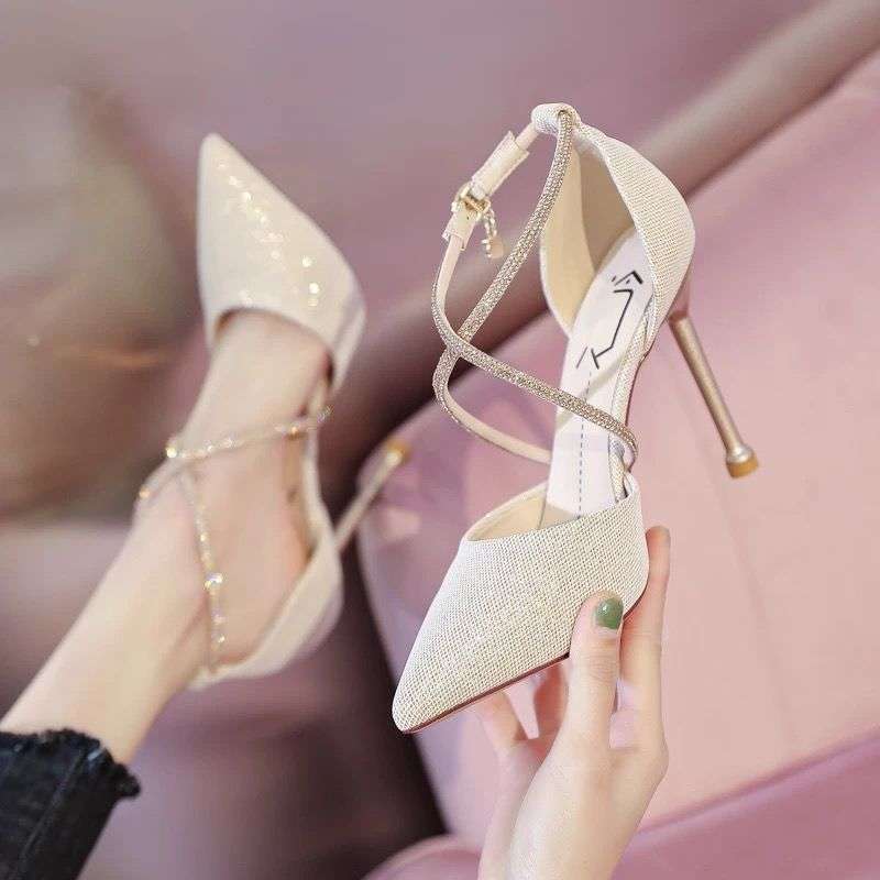 2025 New Crystal Sequin Pointed Toe High Heels Stiletto Shallow Mouth Buckle Hollow Shoes Cross Strap Women's Sandals