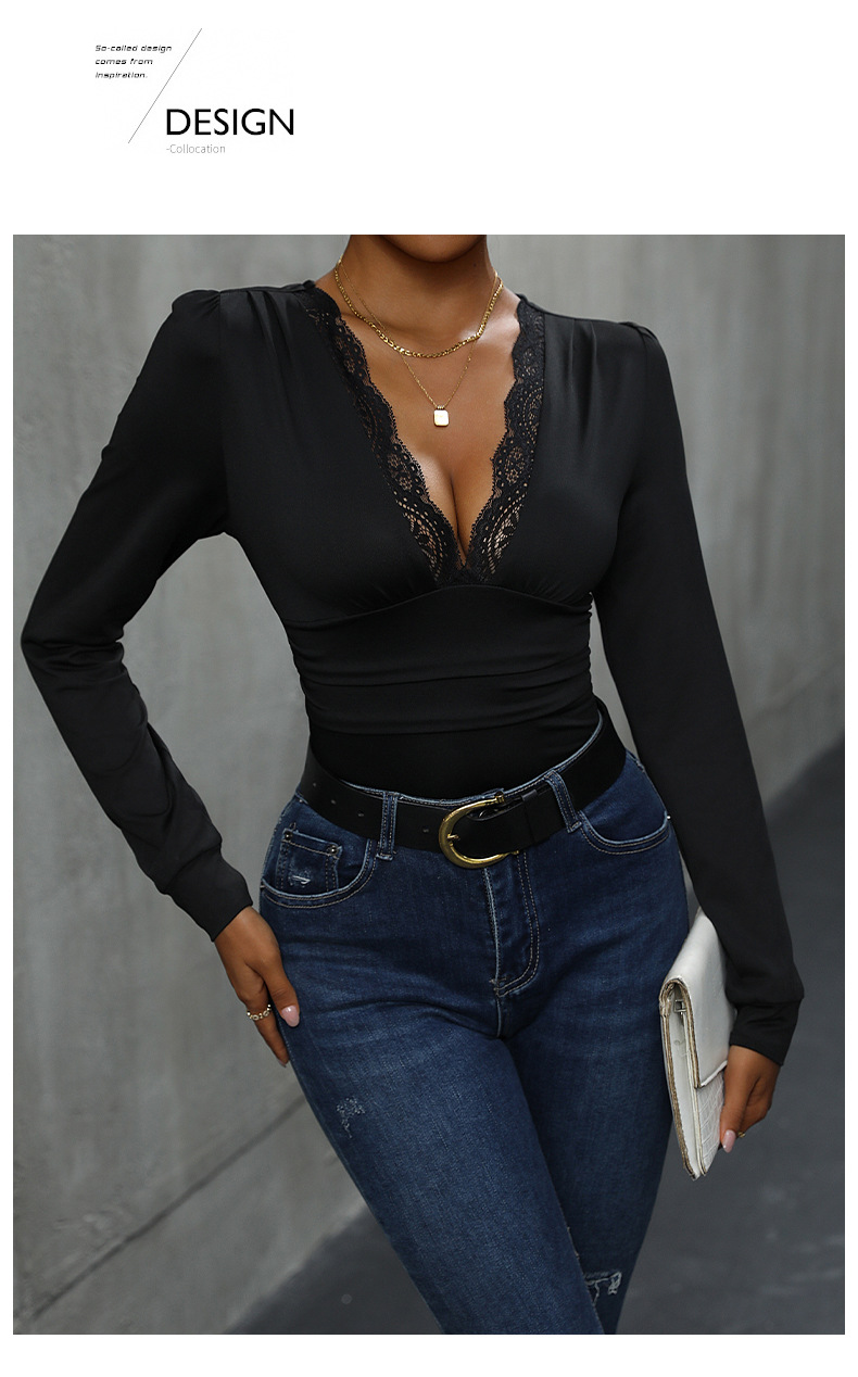 Body-uri elegante cu mânecă lungă, croială slim, cu cusături din dantelă, culoare uni_voghion.com