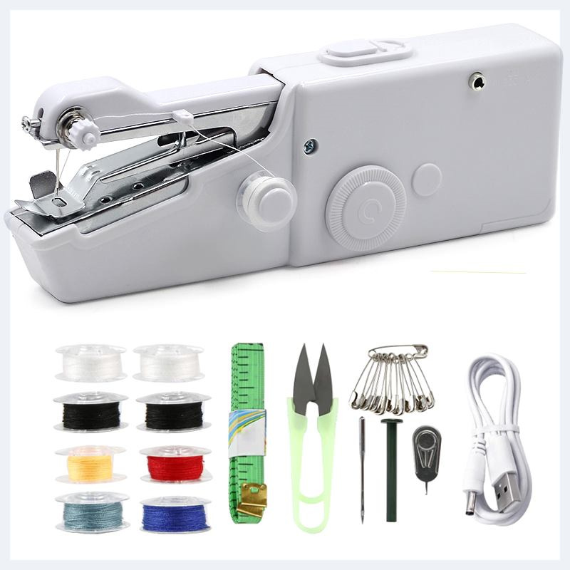 Máquina de coser portátil de mano blanca con accesorios + cable de datos USB ☆