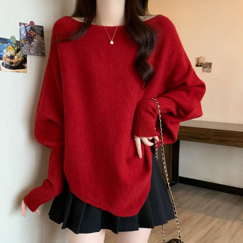 不規則なバットスリーブの新しい赤いセーター、新しい大きいサイズの女性用ゆったりとしたケープニットセーター、エレガントな雰囲気|undefined