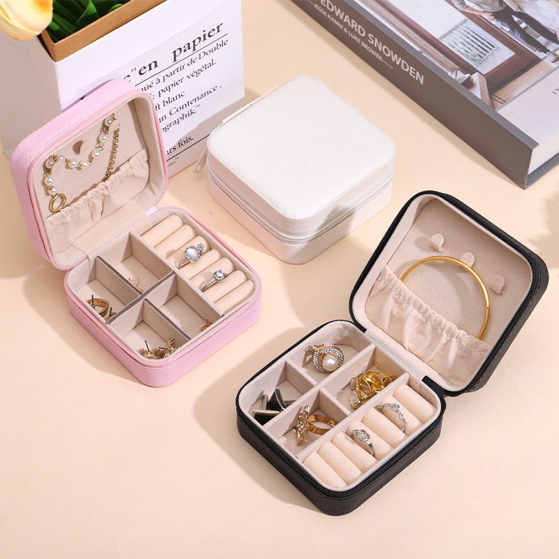 Caja de almacenamiento de joyería de cuero de PU portátil caja de embalaje de joyería de cremallera caja de joyería de almacenamiento de viaje con caja de collar de anillo de espejo