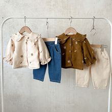 韩版春款女童灯芯绒刺绣翻领衬衣+牛仔裤套装ins纯棉宽松两件套潮