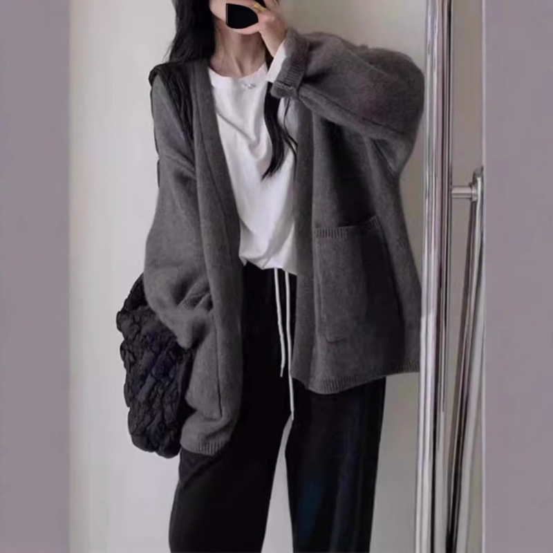 100羊毛开衫女中长款秋冬老钱风v领宽松针织衫加厚羊绒毛衣外套|undefined