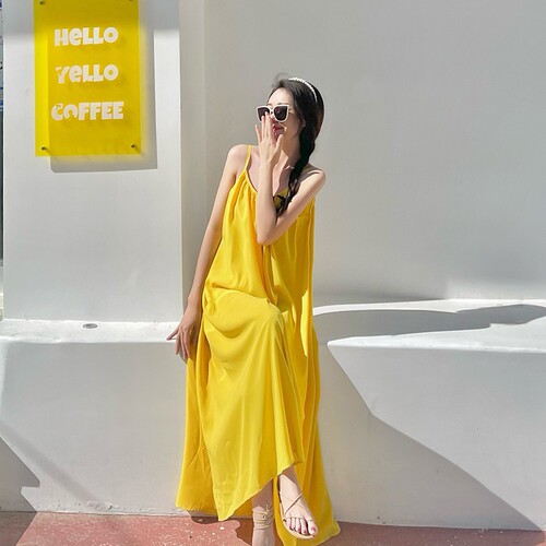 Beach Vacation Sexy Backless Strappy Dress for Women Summer Loose A-Line Skirt Gentle Yellow Long Dress