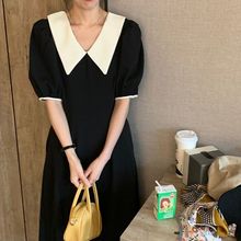 赫本风黑色复古浪漫连衣裙子女夏设计感小众娃娃领气质泡泡袖长芒