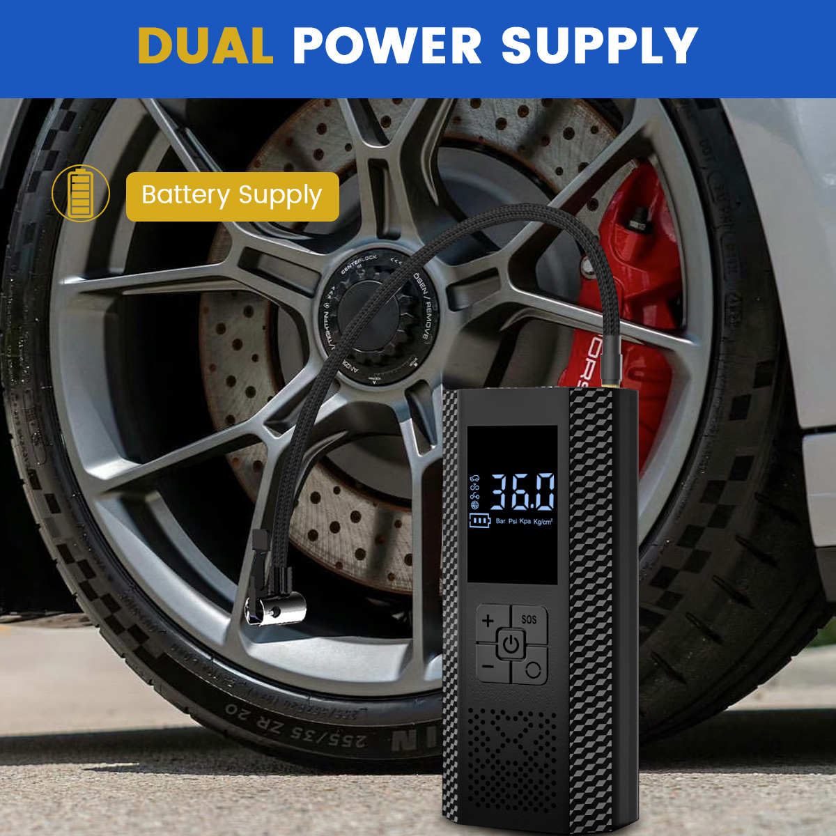 Black portable car air pump with digital display, preset tire pressure inflator, outdoor rescue emergency jump starter inflator