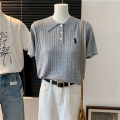 Zdm大サイズ300斤襟刺繍戦馬半袖ニット女性夏服2025新型カジュアル百合上着