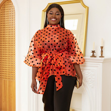 AM200919喇叭袖开衫圆点透视女装 含腰带大码百搭女装衬衫 Tpos