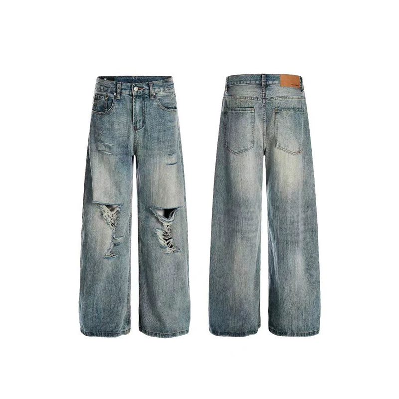 Американские рваные джинсовые брюки с текстурой бамбука в стиле ретро для мужчин и женщин, новые свободные прямые широкие брюки, модный бренд