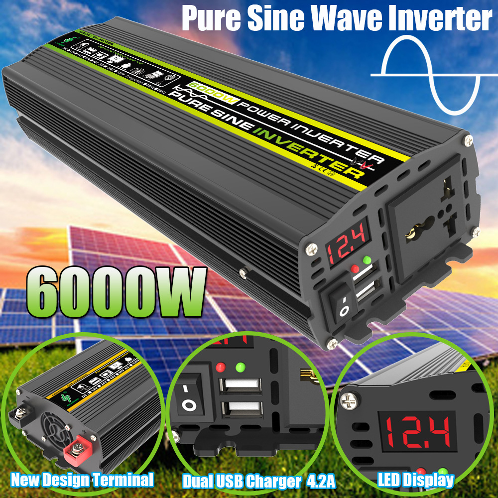 Invertidor de onda positiva pura 12V a 220V 1000W 6000W convertidor de potencia con pantalla de voltaje inteligente LED