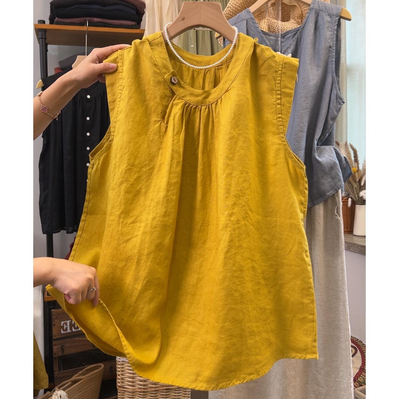 Navy Blue Summer Cotton-Linen Flutter Sleeve T-Shirt for Women, Plus Size Casual Loose Cotton Sleeveless Top Cotton Shirt