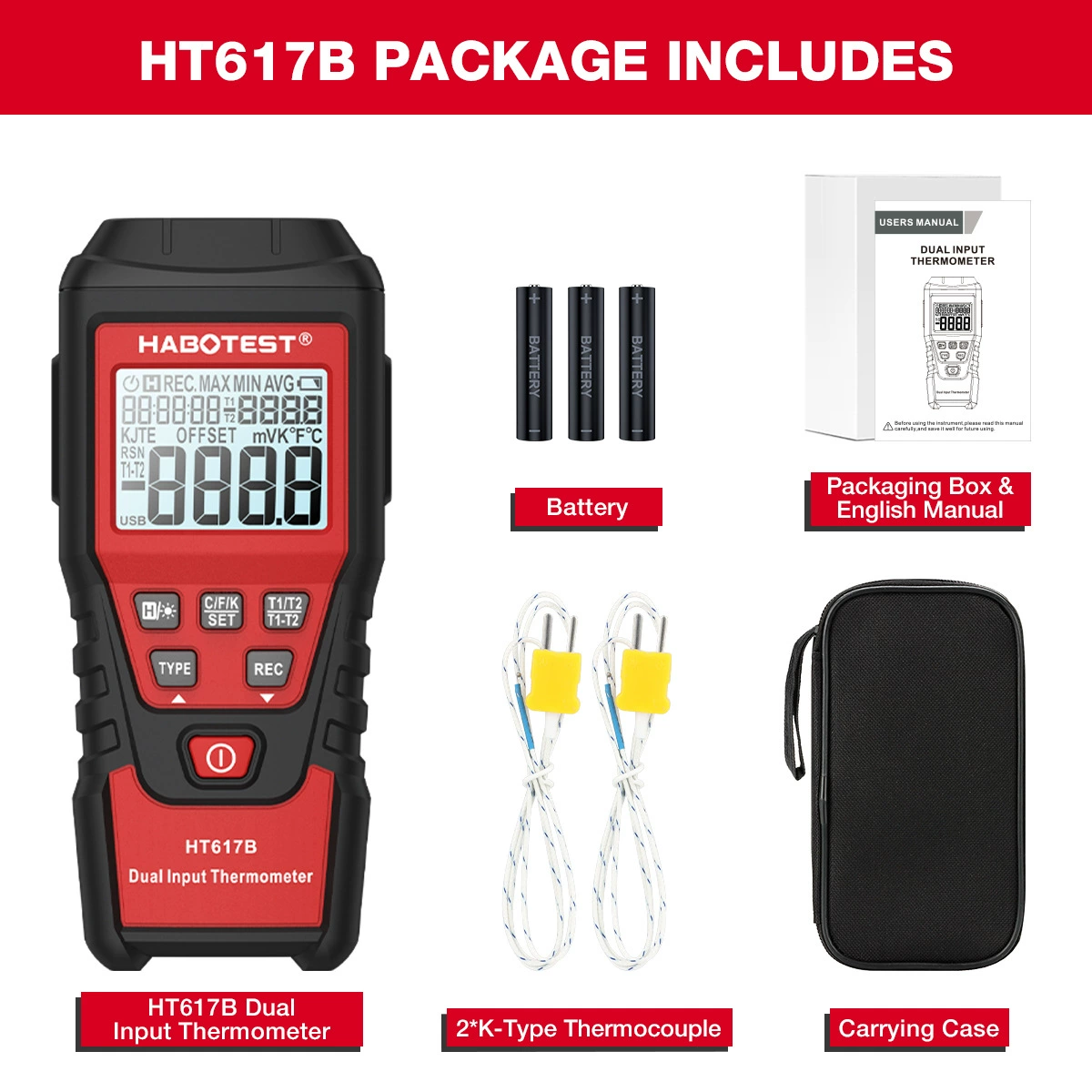 Цифровой двухканальный термометр-измеритель температуры HABOTEST HT617B для термопар, стандартный тип K