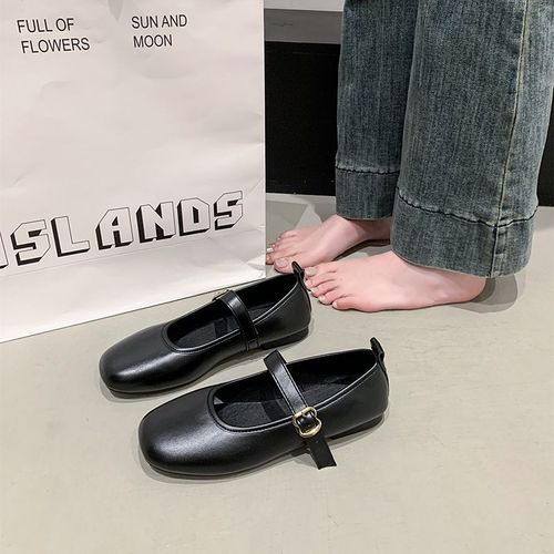 Spring New French Square Head Elegant Flat Slip-On Retro Slim Open-Toe Leather Shoes Soft Sole Mary Jane Shoes