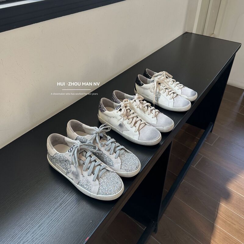 Korean Style Genuine Leather Distressed Sneakers for Women 2026 New Model with Sequin Stars Casual Sports Shoes with Hidden Height Increase Versatile White Shoes Korean Style Genuine Leather Distressed Sneakers for Women 2026 New Model with Sequin Stars Casual Sports Shoes with Hidden Height Increase Versatile White Shoes