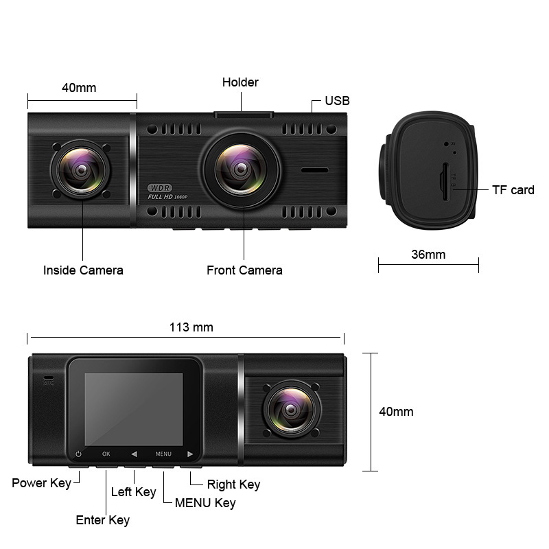 Cross-border infrared night vision high-definition dashcam with dual lenses for front and interior recording