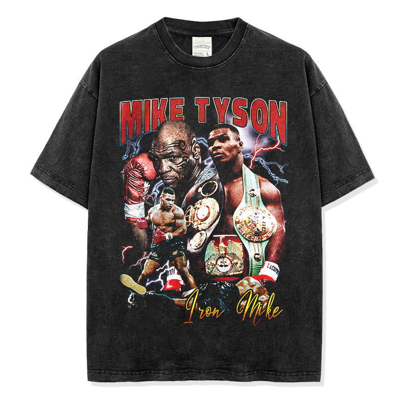 Cross-border American retro Tyson boxing champion Tyson printed short-sleeved T-shirt vintage wash heavy cotton trendy men's t