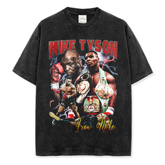 Cross-border American retro Tyson boxing champion Tyson printed short-sleeved T-shirt vintage wash heavy cotton trendy men's t