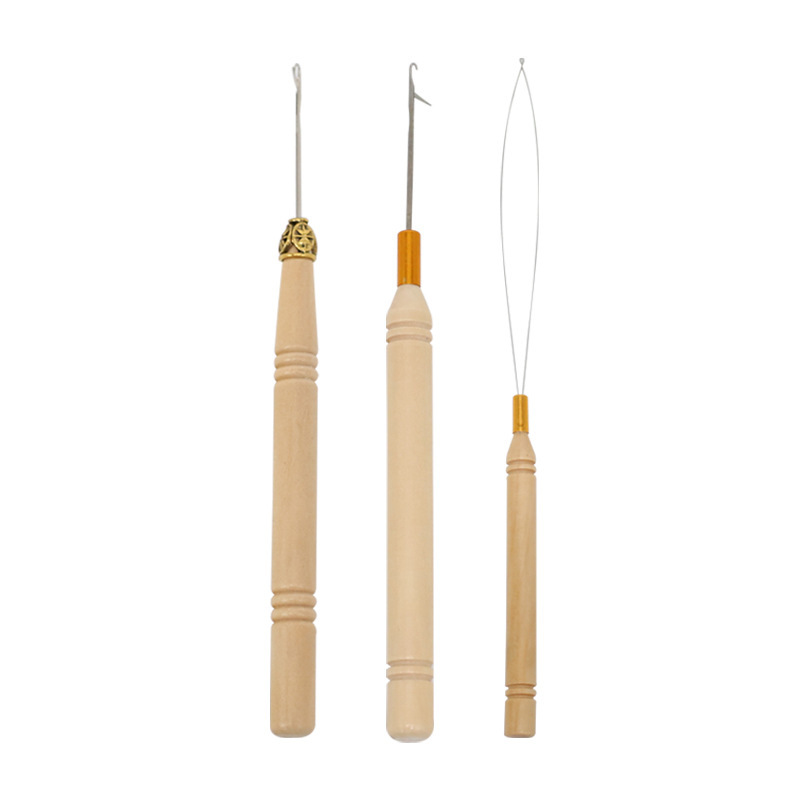 Tenza sucia, hilo de lana, cinta de extensión de cabello, ganchillo de lengua, mango de madera, accesorios de peluca, gancho de sellado, gancho de pelo, gancho de lengua