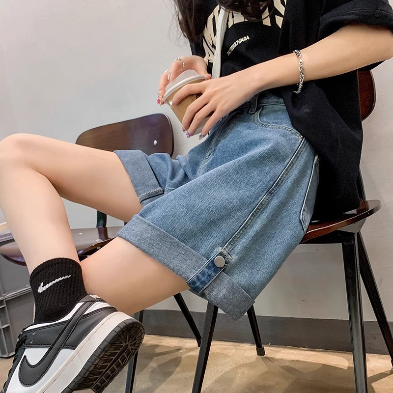 여름 신작 데님 반바지 여성용 대형 하이 웨이스트 슬림 루즈 스트레이트 A 라인 컬링 와이드 레그 핫팬츠
