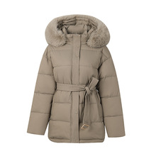 韩国chic冬季复古气质大毛领可拆卸系带收腰保暖连帽棉服外套女