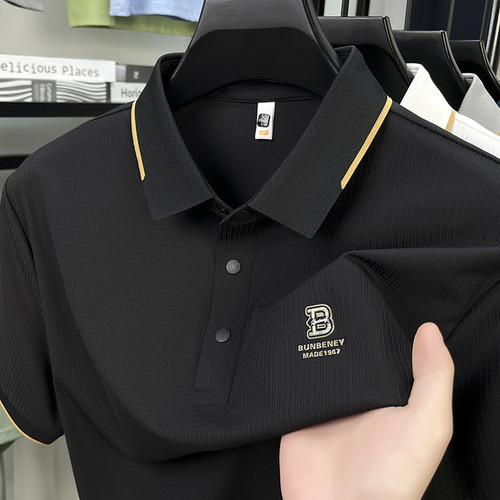 Ice Silk Casual Seamless Men's Short Sleeve T-Shirt 2025 New Summer Middle-Aged Dad Style Collar POLO Shirt Top