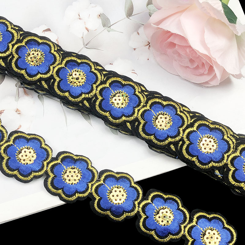 Encaje Bordado con Lentejuelas de Flor de 3.5 cm, Poliéster, Termoadhesivo, para Ropa