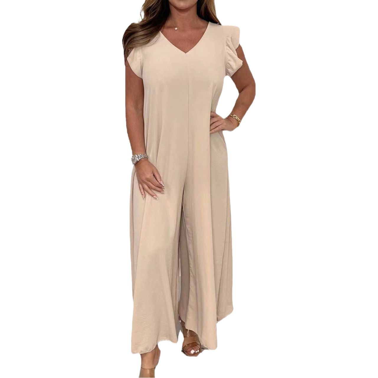 2023 verano nuevo Amazon Europa y América de las mujeres sueltas pantalones con volantes color sólido pierna ancha mono