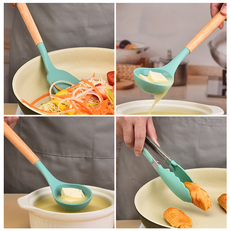 mango de madera personalizado set de cocina de silicona set de doce piezas antiadherente almacenar barril de silicona para uso diario