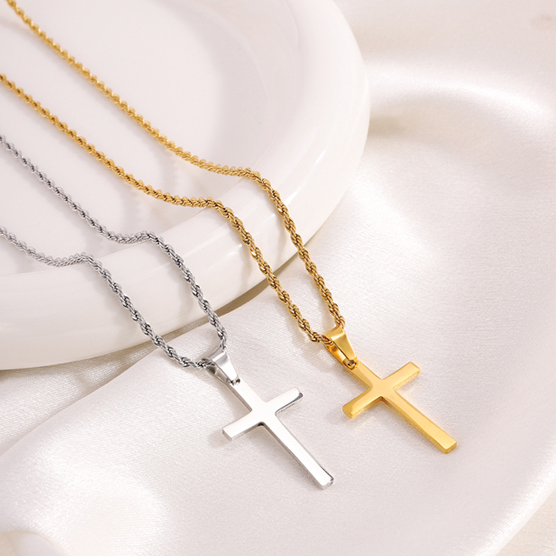Titanium stalen kruis ketting voor heren met gedraaide schakel_voghion.com