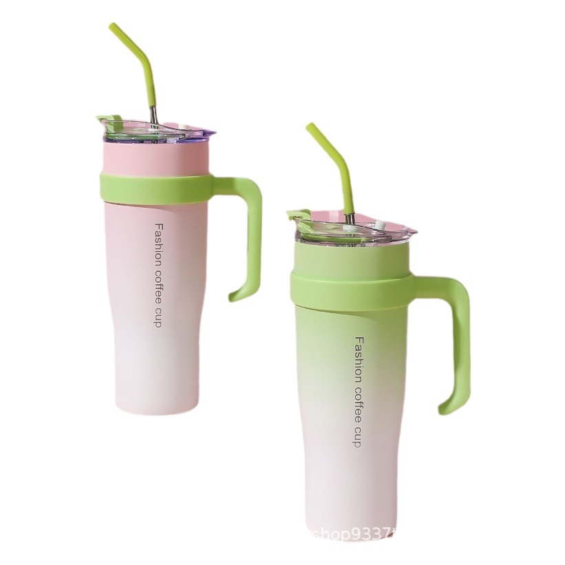 Taza aislante gigante popular transfronteriza con degradado, taza para auto con asa y pajita, portátil, de gran capacidad 304, para hielo.