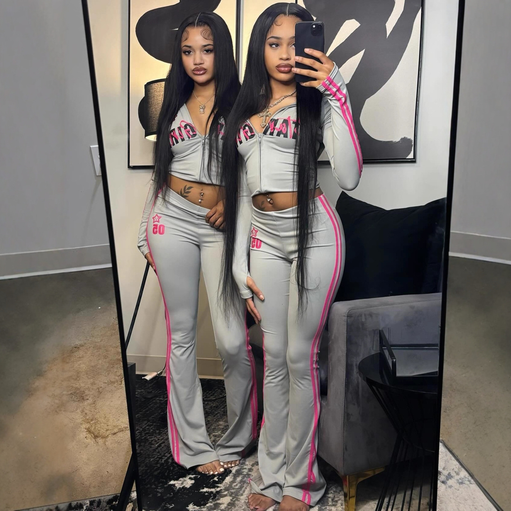 European and American New Cross-Border Fashion Casual Versatile Color-Blocking Retro Sports Style Printed Zipper Hooded Pants Set for Women