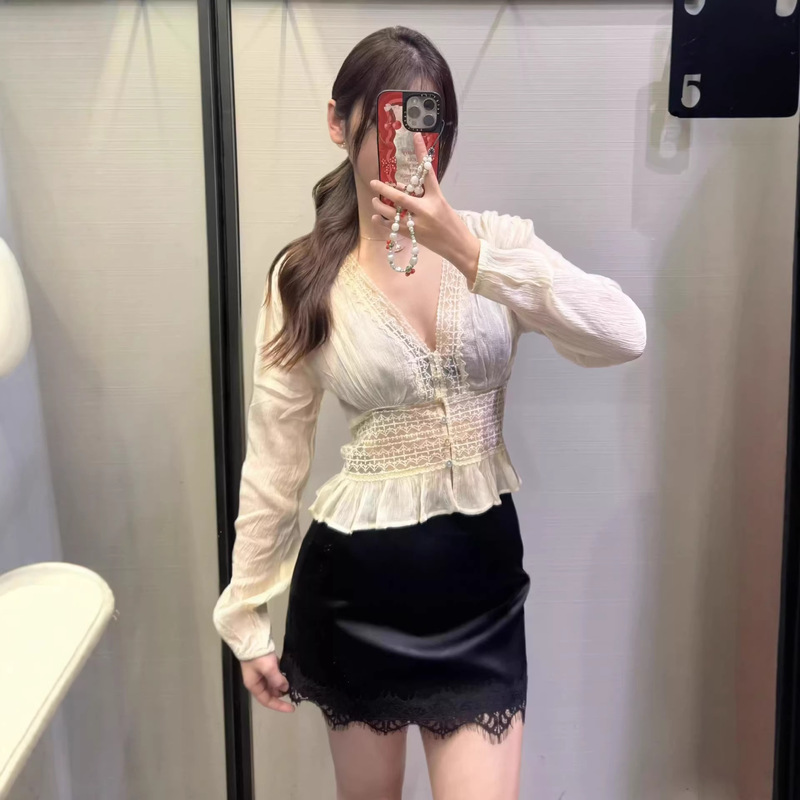 Pb&Za Fairy-Like White Lace Patchwork Long-Sleeved Shirt V-Neck Lace Sheer Long-Sleeved Waist-Cinching Shirt 7521015