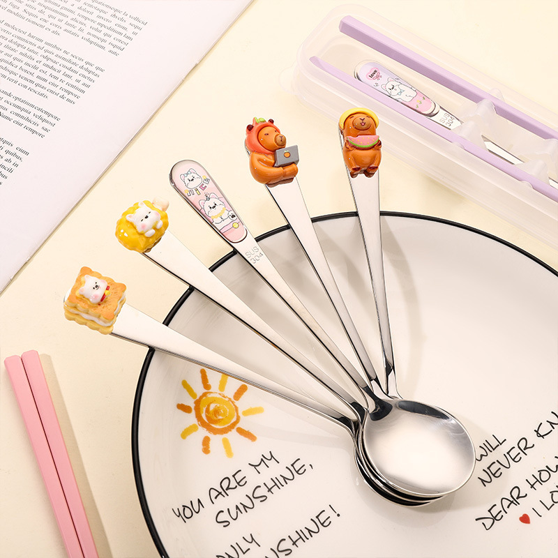 合金箸とスプーンセットポータブルステンレス鋼学生食器子供用高級食事ランチ箸とスプーン|undefined