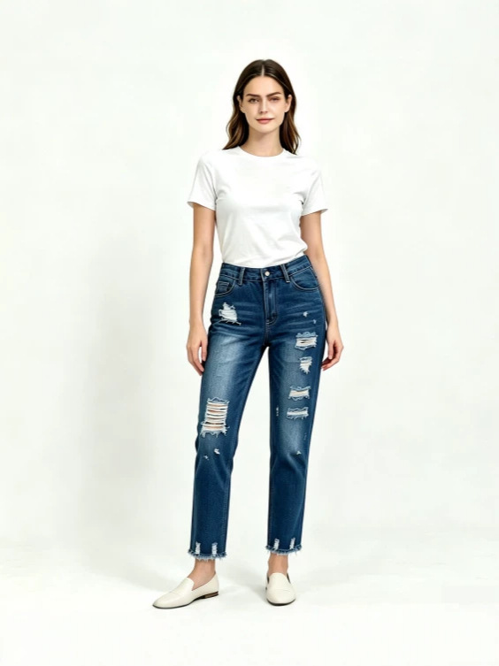 Jeans Rectos con Rasgados para Mujer de Mezclilla de Algodón con Cintura Alta