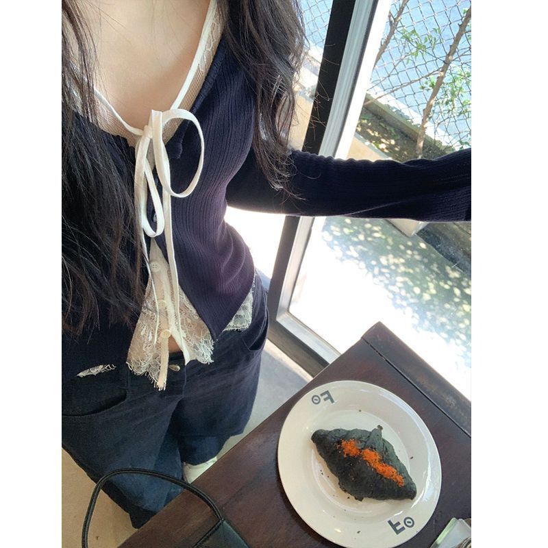 辣妹风蕾丝拼接绑带假两件撞色t恤女2025春季时尚舒适显瘦打底衫|undefined